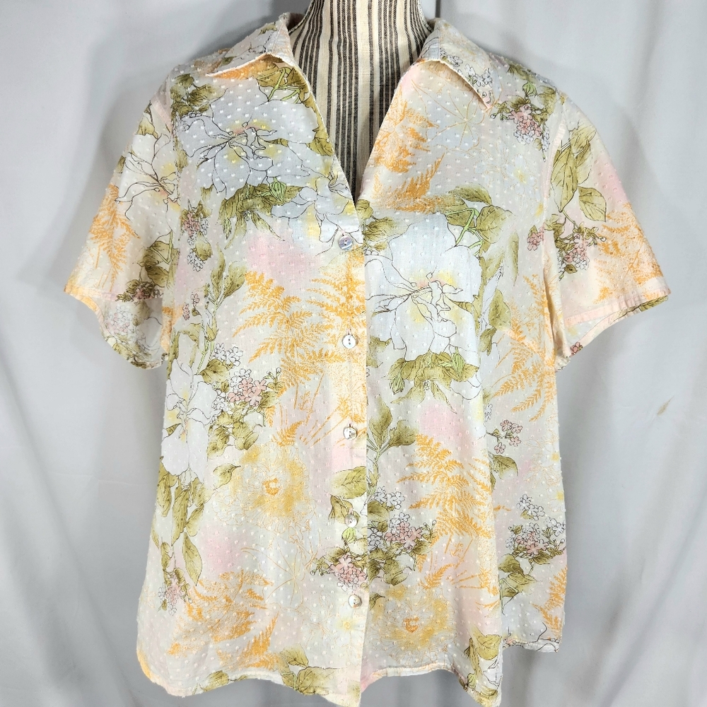 Caribbean Joe White & Multi Swiss Dot Floral V Neck Button Down Top Size 1X - Picture 1 of 8
